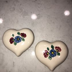 Ceramic Hearts With Blue And Red Flowers  Have Acces To Hang On Wall Or Hang From Top Center