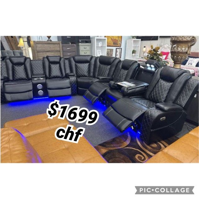 Black Power Reclining Sectional Sofa With LED Light And Bluetooth Speaker
