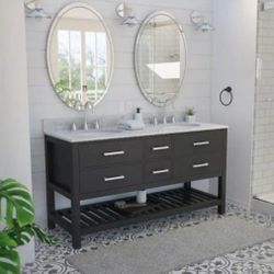DreamLine Valencia 60 in. W x 22 in. D x 34 in . H Birch and Oak Console Vanity with Oval Undermount Sinks - Black with White Top