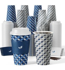 JOLLY CHEF 16 oz Coffee Cups with Lids 100 Pack, Disposable Hot Paper Coffee Cups with Lids, Sleeves and Stirrers for Christmas, Thanksgiving, Party