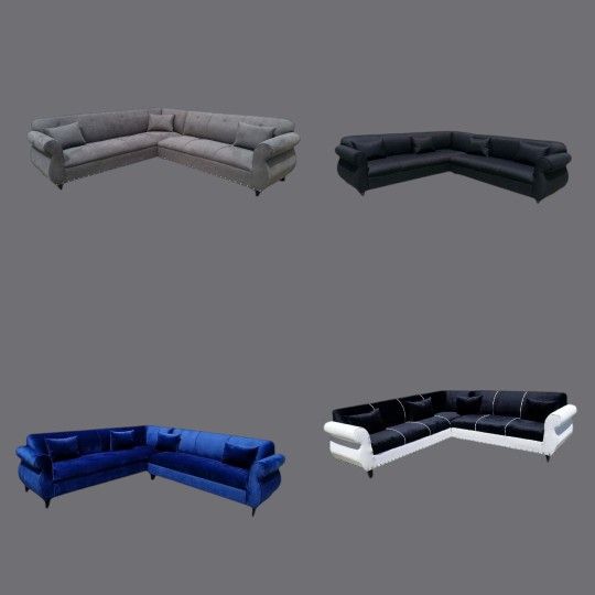 NEW 9x9ft SECTIONAL COUCHES, VELVET BLACK, CHARCOAL , CHOCOLATE COMBO AND WHITE LEATHER Sectional COUCHES . More Color FABRIC Available
