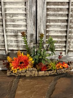Ht-7in width-13in HANDMADE artificial cactus / Fall floral on a piece of wood