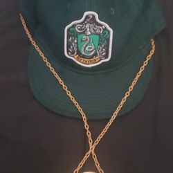 HARRY POTTER,  SLYTHERIN CAP / HERMOINE TIME TURNER ROTATING NECKLACE 