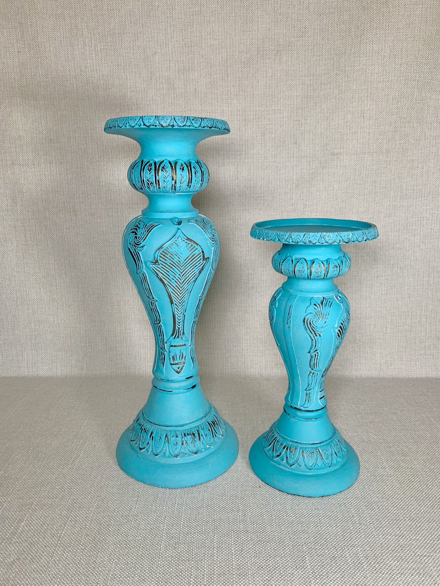 Set Of Two Deco Painted Turquoise Pillar Distressed Candle Holders. 