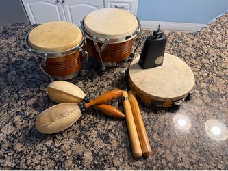 Latin Percussion Instrument Set – Bongos, Tambourine, Maracas, Claves & Cowbell
