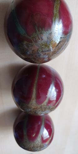 MCM Space Age Ceramic Orbs Set of 3 Glazed Red Green Crackle Drip Rare Table Sculpture Spheres Globes Vintage 60s 70s Glossy Mid Century Set