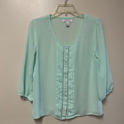 Women’s FOREVER 21 100% Polyester 3/4 Sleeve Mint Green Button-Down, Sheer Blouse Top… Size Small