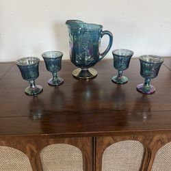 Indiana Glass Blue Harvest Iridescent Pitcher and Glasses set