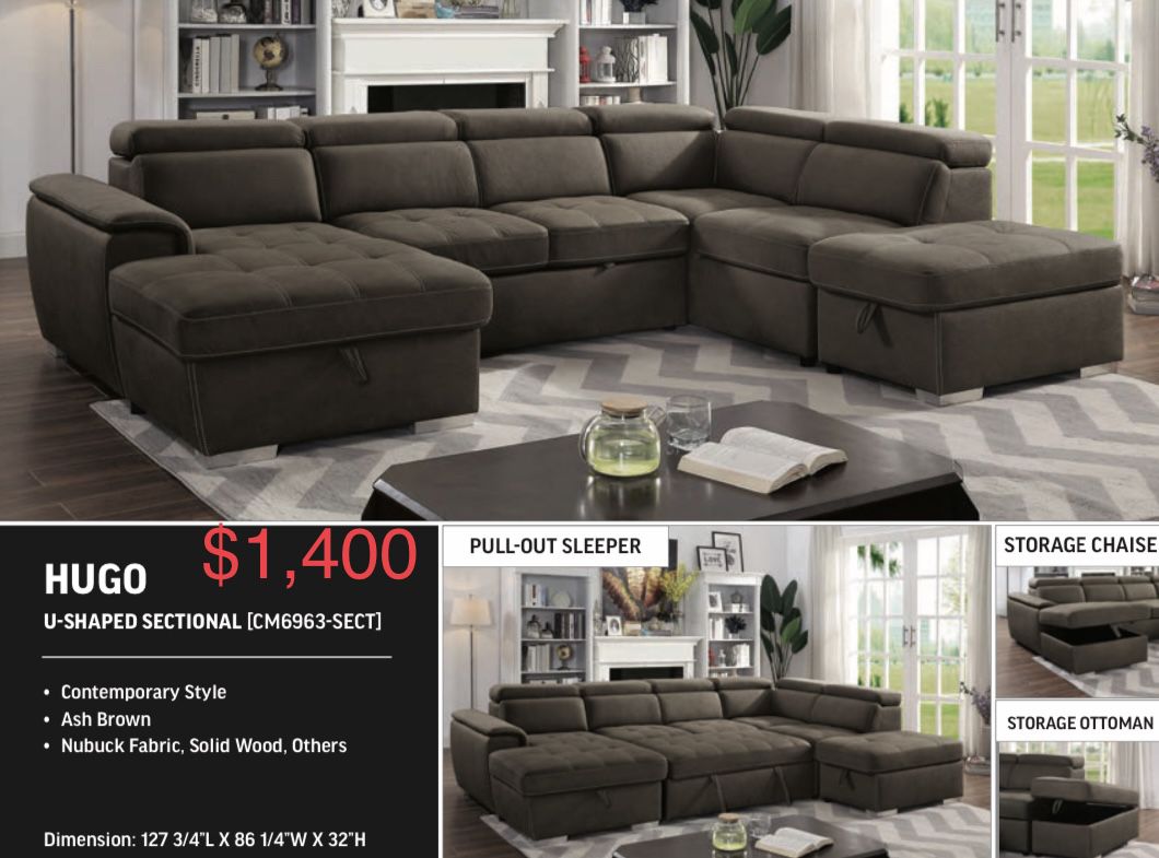 Brown sectional sleeper with removable storage ottoman