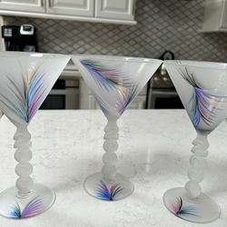3 Hand Painted Martini Glasses Commemorating The Year 2000