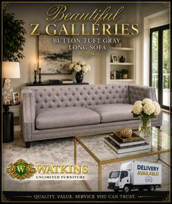 🛋️ Z Gallerie Button Tuft Gray Long Sofa – Delivery Available! 🛋️