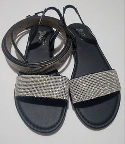 Brash Women's Zola Black Rhinestones Step-in Slingback Flat Sandal sz8 with belt bundle