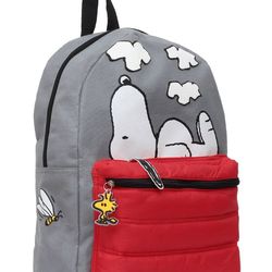 Peanuts Snoopy & Woodstock Backpack Gray Red Puffer Pocket 17