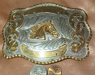 Vintage Metal Belt Buckle, Big Size, Alpaca Silver and Brass, Nice Horse Head Design, Nice Western Design, 5 1/4" x 4", Heavy Duty, Quality, Thick Met