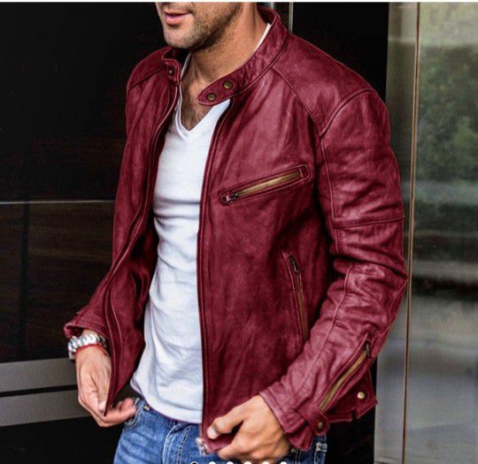 Men Leather Red Jacket Fashionable, Size L Clothes, Motorcycle,  Long Sleeve. 