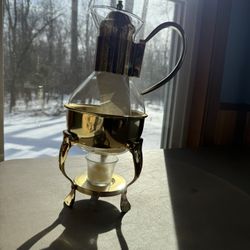 vintage Princess House Heritage glass coffee or tea carafe with a brass-finished warming stand.