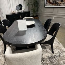 Black Dining Room Set / 7pc Oval Dining  Table Textured wood grain surface