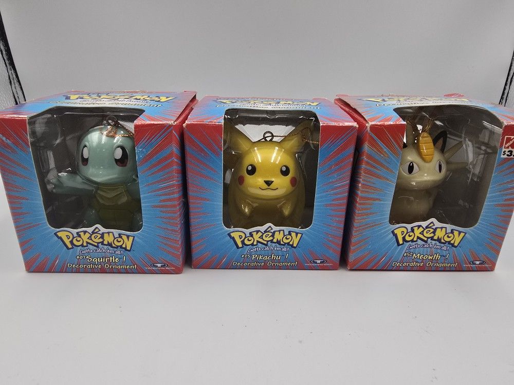 🎄 Vintage 1999 Pokémon Christmas Ornaments – Squirtle, Pikachu & Meowth 🎄