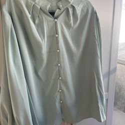 Women's Mint Green Long Sleeve Blouse, Button Down, Size 3XL