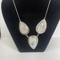 Sterling Silver Natural Large Moonstone Necklace 