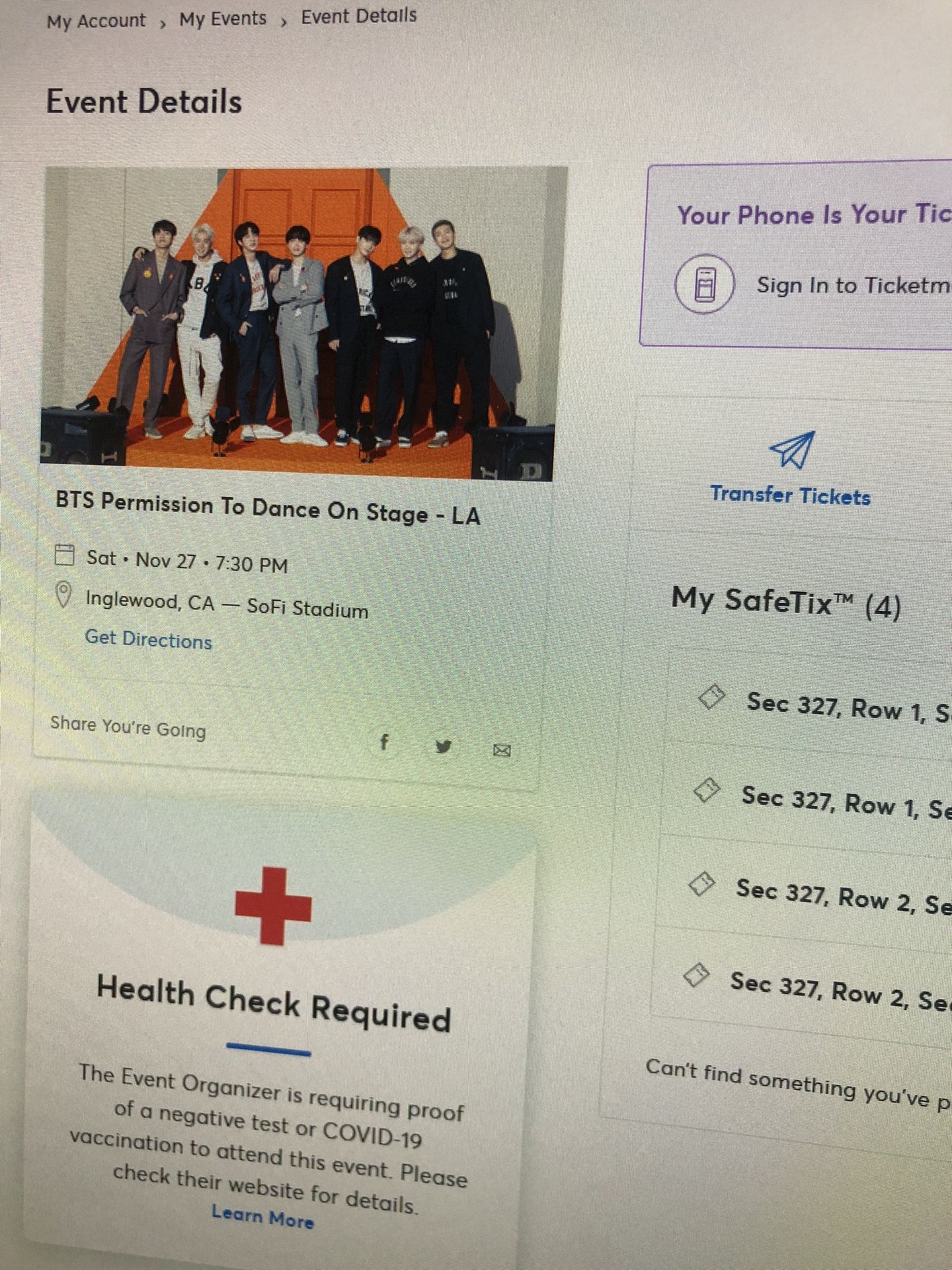 BTS Saturday, November 27 at SoFi 4 Tickets (2+2)