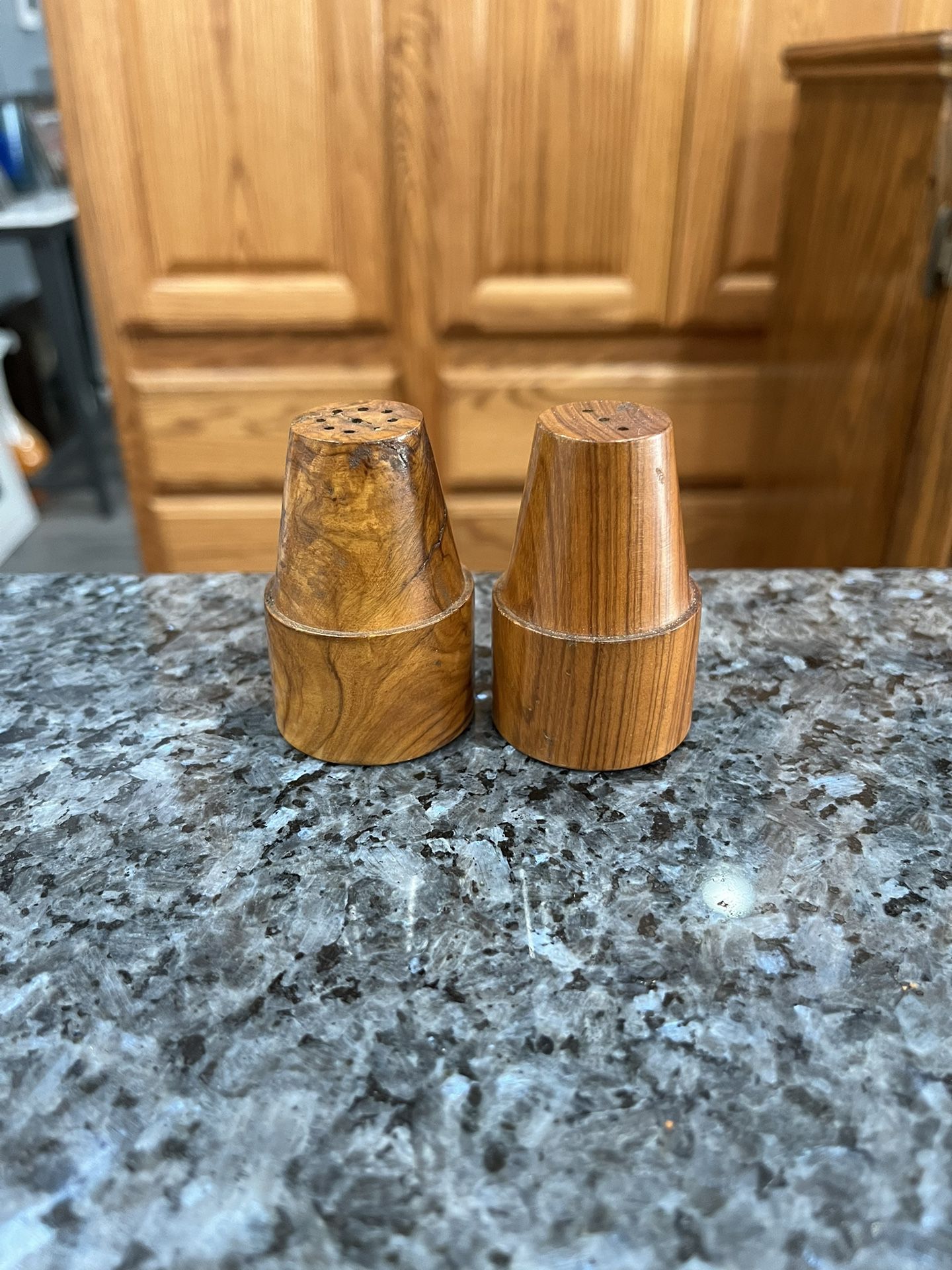 Vintage Wood Salt And Pepper Shakers.  Size 2 1/4 Inches Tall.  Preowned Display Only