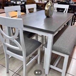 ✅️✅️(6 pc white & grey finish wood dining table set grey padded seat chairs and bench✅️✅️✅️
