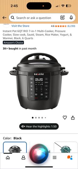 Instant Pot 6QT RIO 7-in-1 Multi-Cooker, Pressure Cooker, Slow cook, Sauté, Steam, Rice Maker, Yogurt, & Warmer, Black, 6 Closs Oper