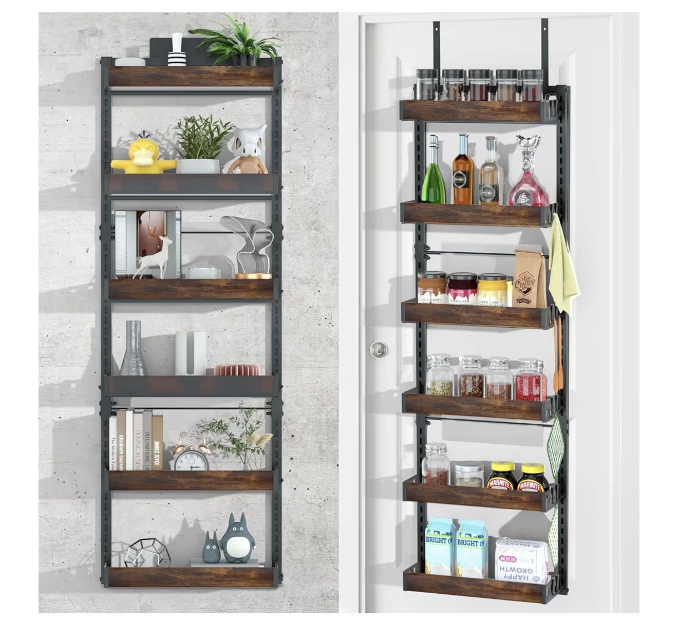 Over the Door Pantry Organizer, 6-Tier Adjustable Solid Wood Rack | Over-Door & Wall Storage Organizer with 8 Boards (2 Extra) | Multi-Space Kitchen,B