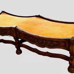 Antique Hand Carved Hardwood Upholstered Window Seat French Oak Low Bench Table