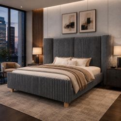 Queen Size Bed Frame with 51" Tall Headboard, Upholstered Corduroy Platform Bed, Gray.
