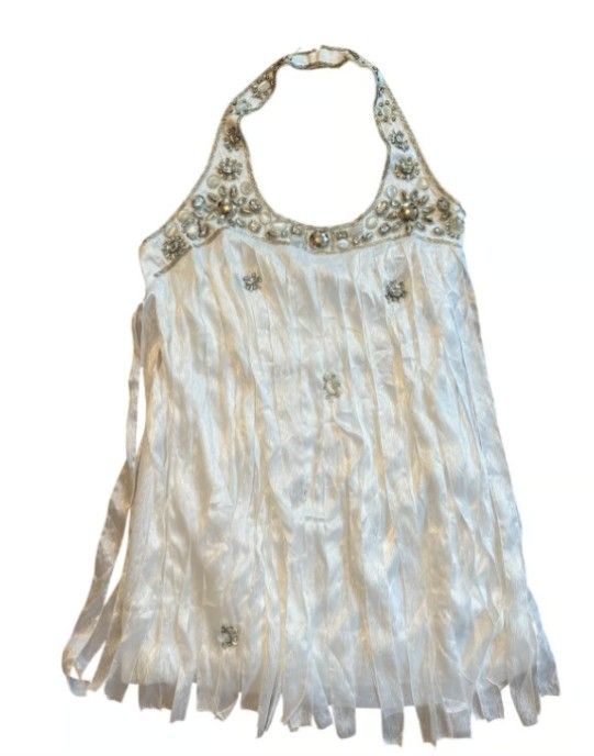 New Bebe Vintage Y2K White Halter Rhinestone Fringe Dress M