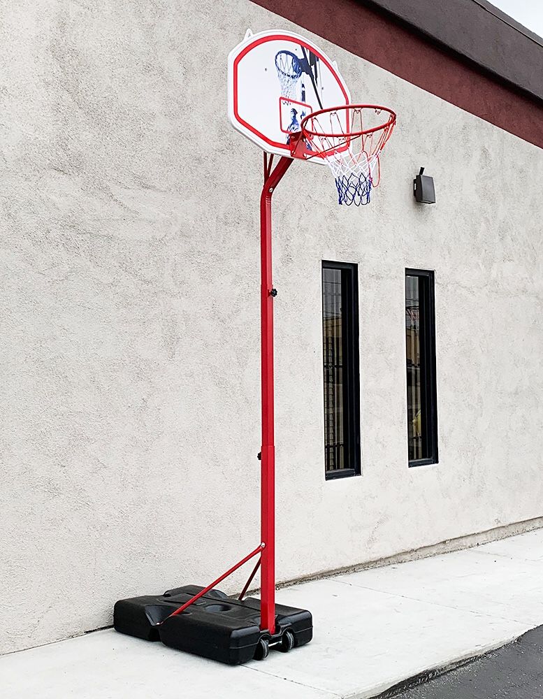 New $75 Basketball Hoop w/ Stand Wheels, Backboard 32”x23”, Adjustable Rim Height 6’ to 8’