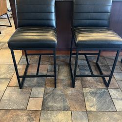 (x2) Modern Faux Leather Kitchen Counter-Height Bar Stool, 37"H, Black