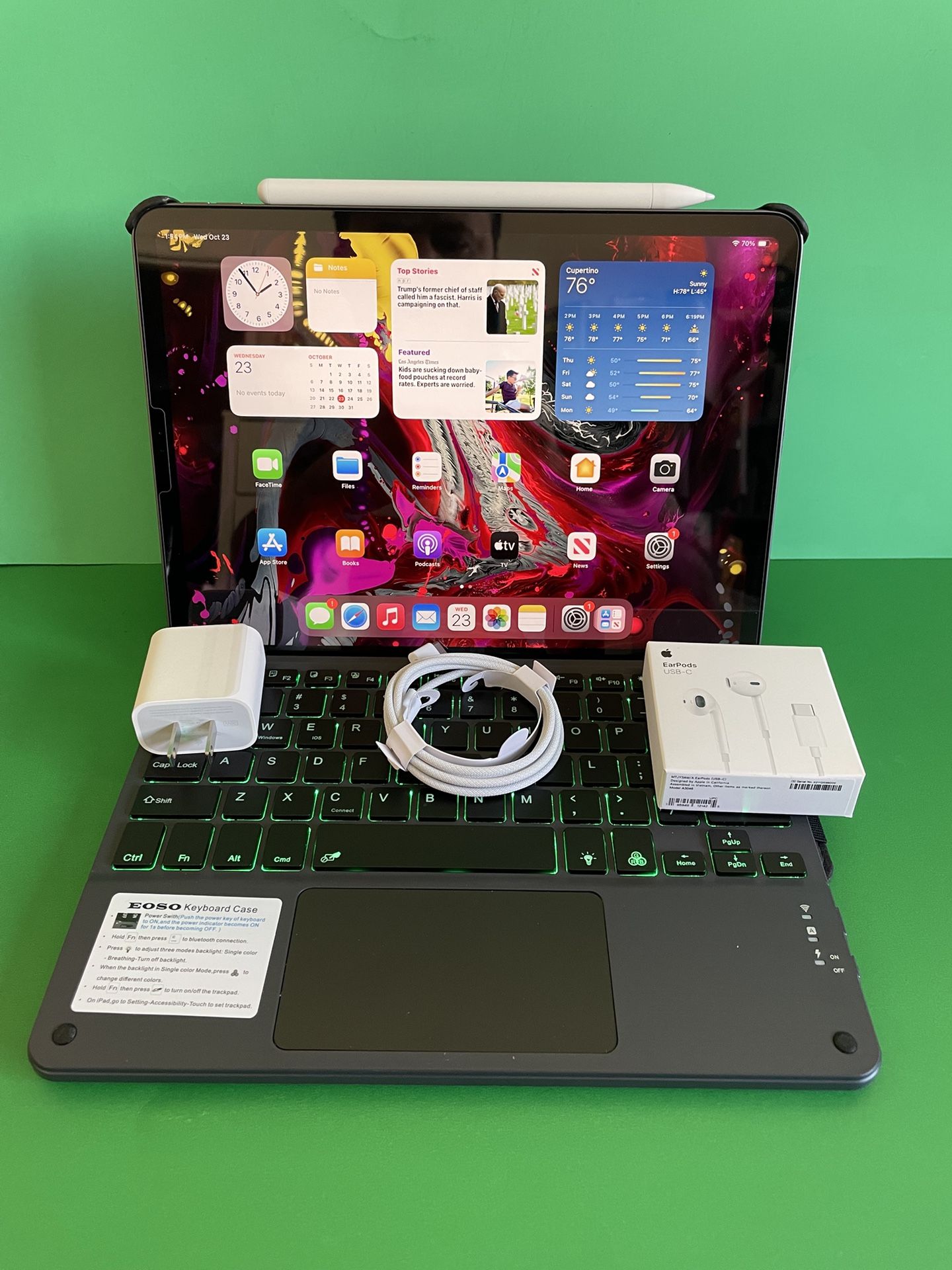 Apple IPad Pro 11” (Face ID / Liquid Retina  / latest iOS 18) 64GB with Keyboard case, stylus pen & Accessories (256GB $469) 