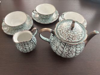Vintage Verbano Laveno Italy Silver Overlay Tea Set Mint Green Teapot