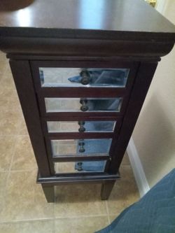 Standing Wooden Jewelry Armoire Chest - 5 Mirrored Drawers