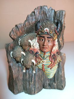 Native American Chief and Buffalo Relief Sculpture