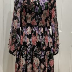 NWOT Massimo Dutti Women’s Silk Floral Pleated Sleeves Lined Dress, Size 10