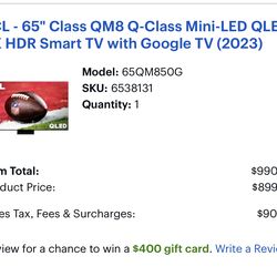TCL 65” QM8 Mini-LED QLED 4K Smart TV – Great Condition