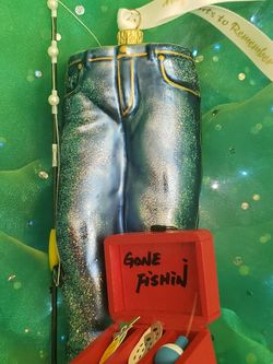 Ornaments to Remember FISHING JEANS & BOX - Artisan Hand-Crafted Blown Glass NEW