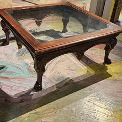 Vintage coffee table wood Claw Foot Glass Top oversized 53x53x22h