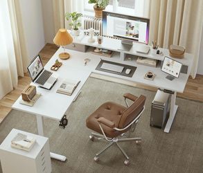 L-Shaped White LIFTING  Office Desk W/ Shelf