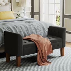 Awonde Storage Bench for Bedroom End of Bed Button Tufted Upholstered Bench Storage Ottoman Bench with Arms 52" Settee Bench Gray Linen