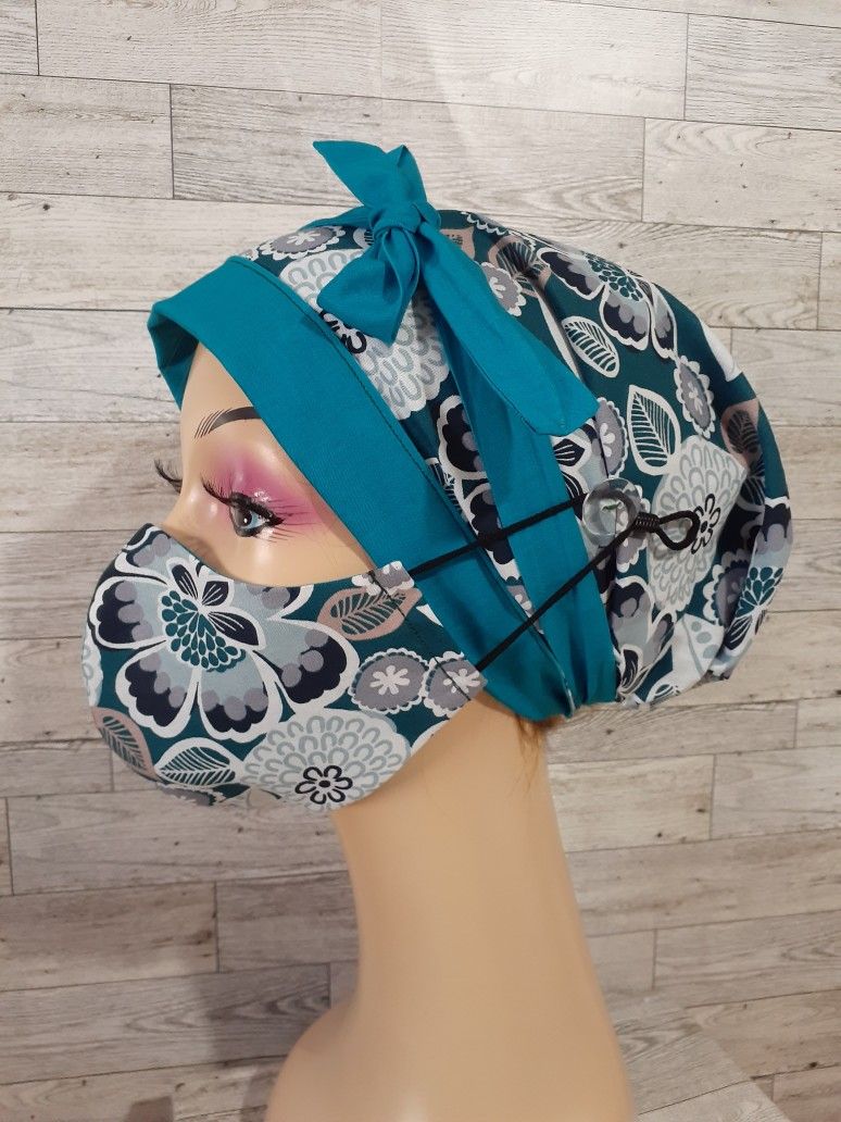 Surgical Scrub Hat Set Reversible Ponytail Style Doctor Nurse Chemo Chef Cotton Bouffant Head Wrap With Buttons