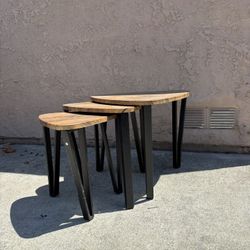 Set of 3 Industrial Small Stacking Side Tables with Metal Frame for Couch Rustic Brown and Black