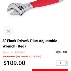 Snap-on Chrome 8 Inch Adjustable Wrench New