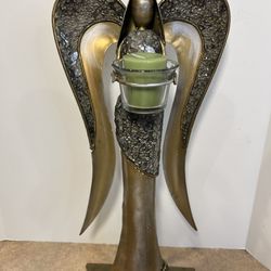Vintage 1999 Pier 1 BRASS & GLASS MOSAIC Angel Candle Holder Figurine