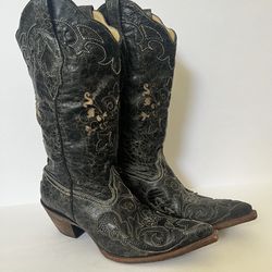 CORRAL Black Lizard Inlay Western Cowboy Women Boots Pointed-Toe Womens 8.5 C2108