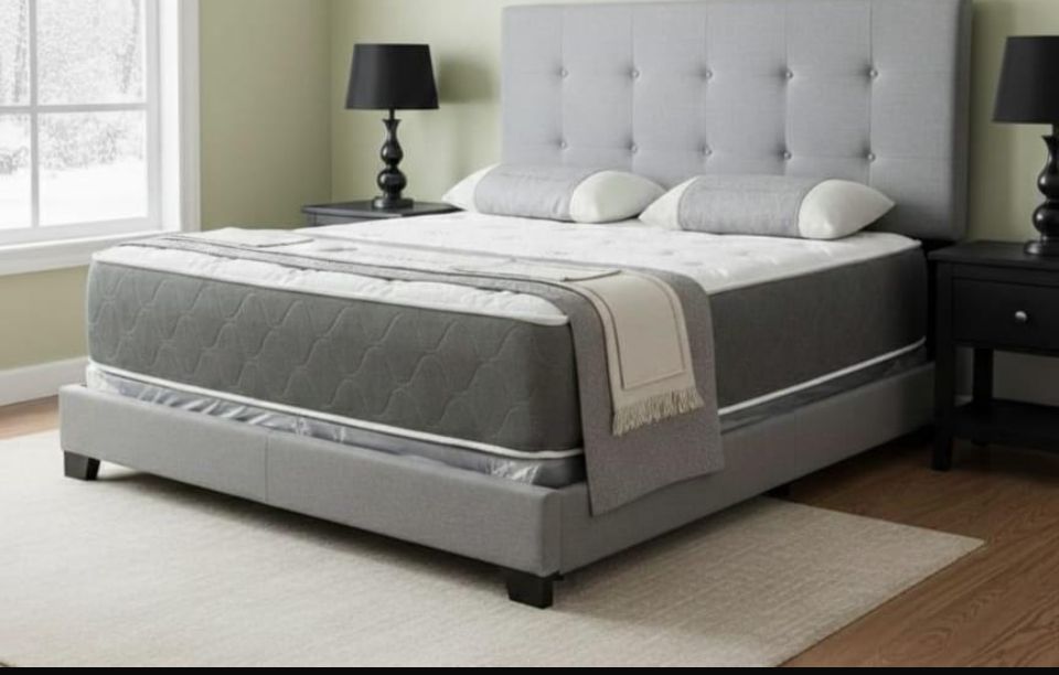 BRAND NEW QUEEN SIZE GRAY BED FRAME WITH NEW MATTRESS SET/FAST DELIVERY